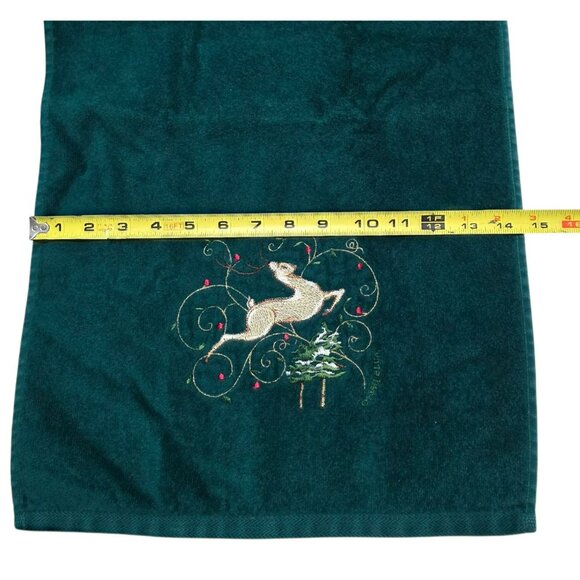 Cheri Blum Holiday Hand Towel Dark Green Gold Embroidered Deer Tree Christmas - Picture 7 of 8
